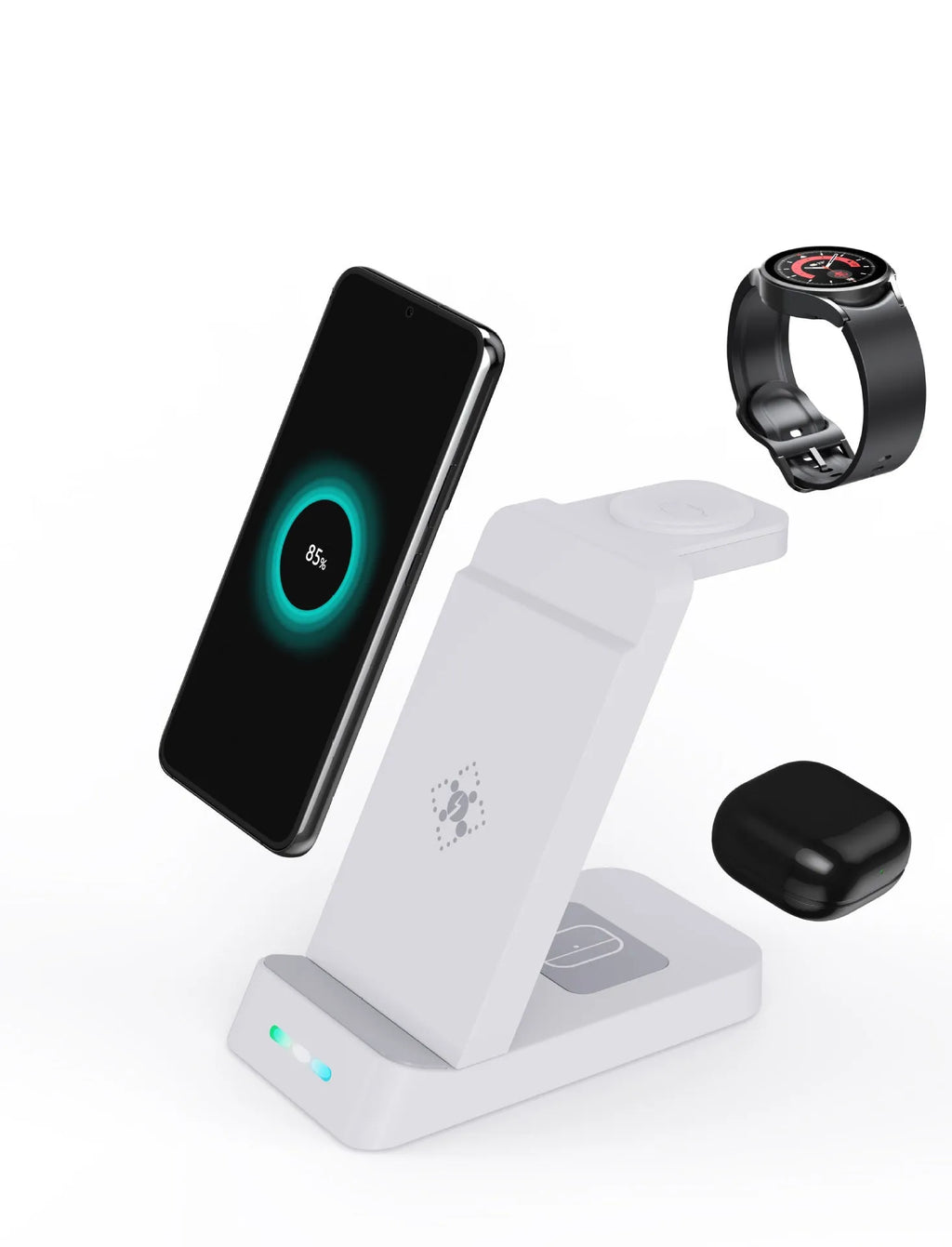 Black and white 65W fast wireless 3-in-1 charging stand for phone, watch, and AirPods on a desk.