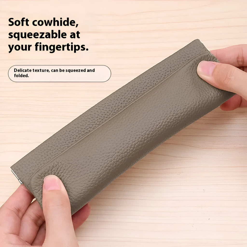 Self-closing first layer cowhide long wallet in solid colour with genuine leather finish