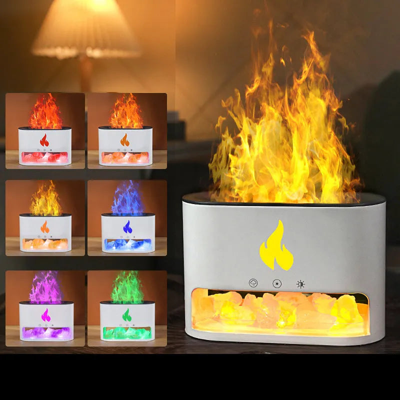 Square white desktop humidifier with a simulated 3D colourful flame light effect and a crystal salt stone.