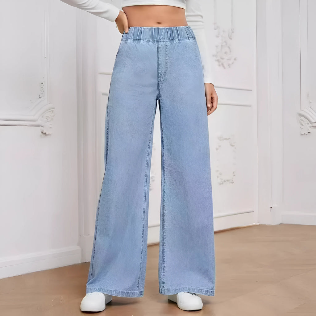 Light blue washed wide-leg denim jeans on a hanger, showing straight leg and mid waist design.