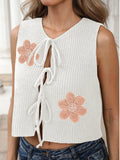 White ladies' cardigan vest with lace-up bow front and flower pattern in deer plush polyester fabric