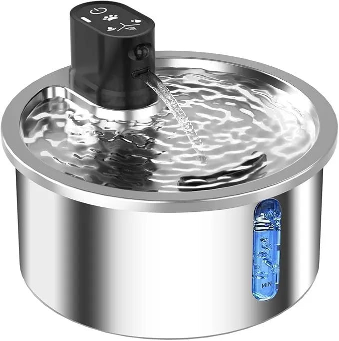 Stainless steel heated pet water fountain with white temperature control base for cats and dogs.