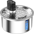 Stainless steel heated pet water fountain with white temperature control base for cats and dogs.