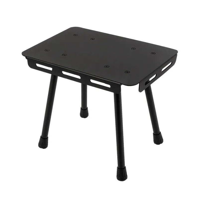 CLS Outdoor aluminium folding camping stool shown in table and stool modes with creamy-white PU cushion and storage bag.