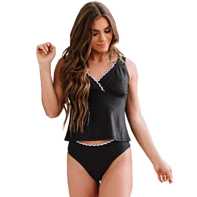 Black women's nylon bikini swimsuit on a white background