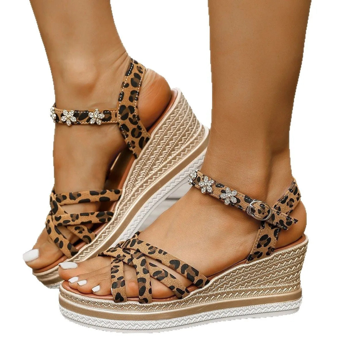 Light brown suede women's ankle strap open toe platform sandals with buckle closure.