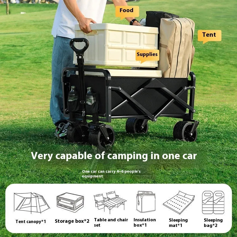 Black metal camping trolley with 8-inch off-road wheels and brakes, 400kg load capacity, on outdoor ground.