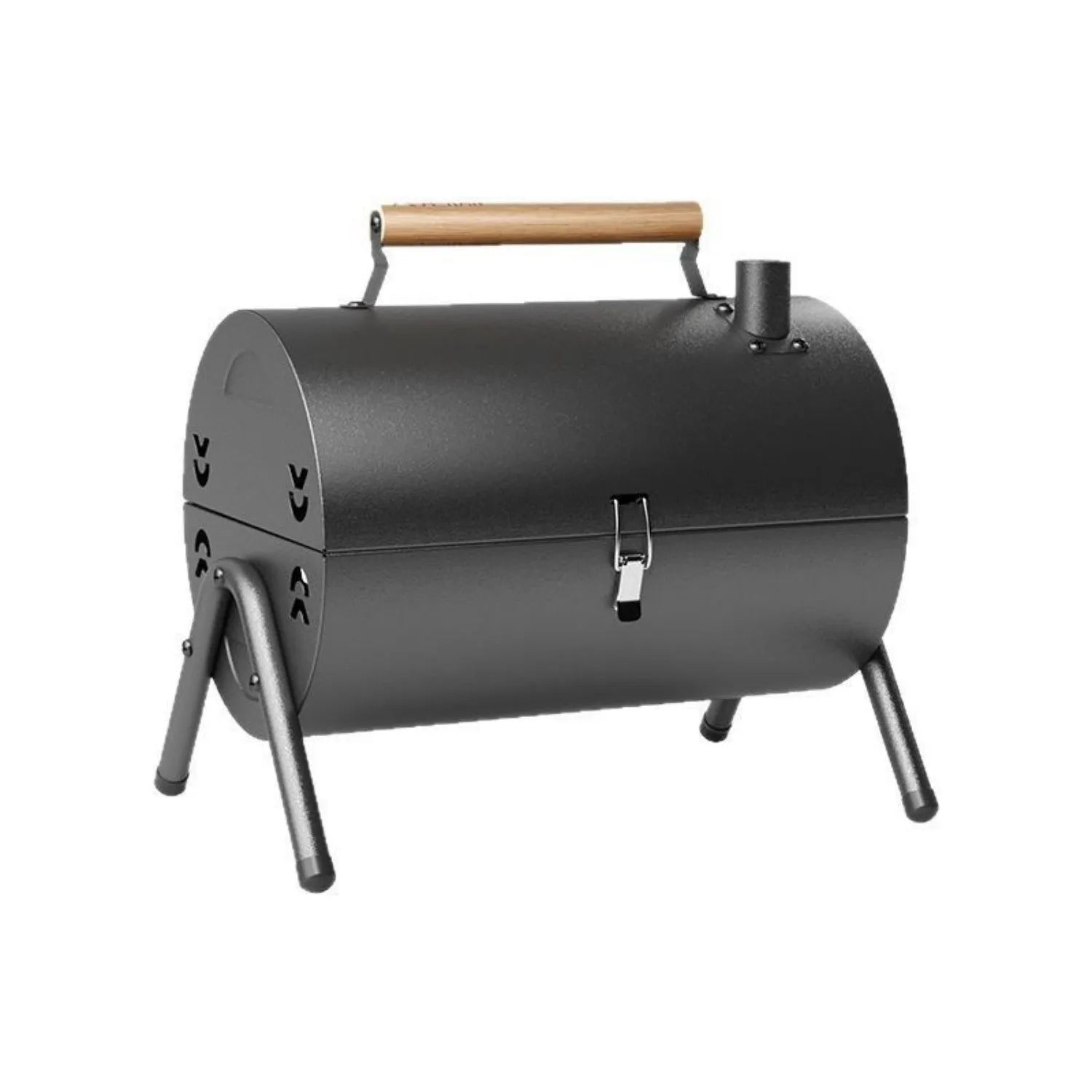 White round portable chimney grill with carbon tanks and mesh for outdoor frying and baking.