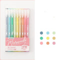 Nine retro-style gel pens in assorted colours with 0.5mm needle tips arranged in set packaging
