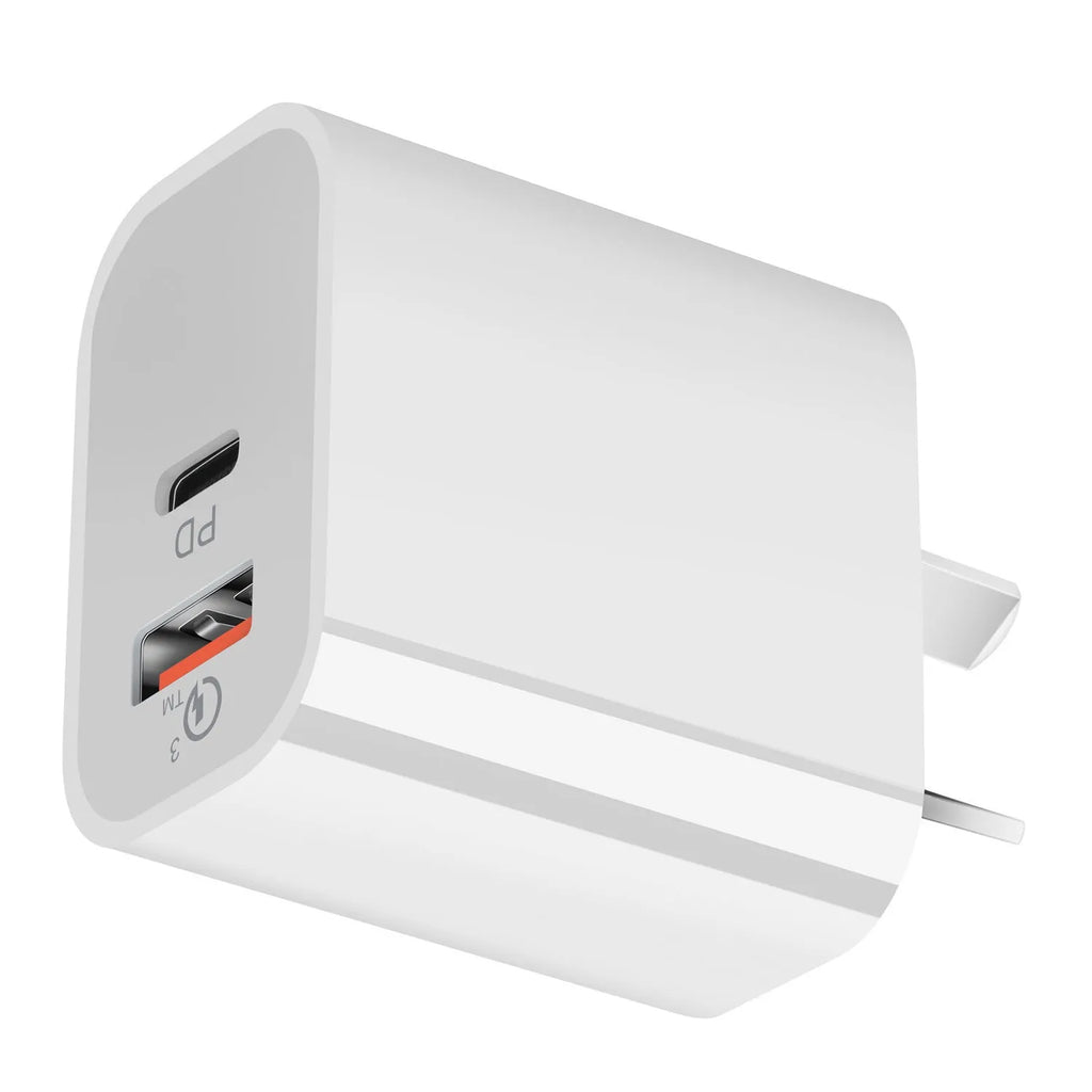 White Australian Standard dual-port USB charger with SAA certification label