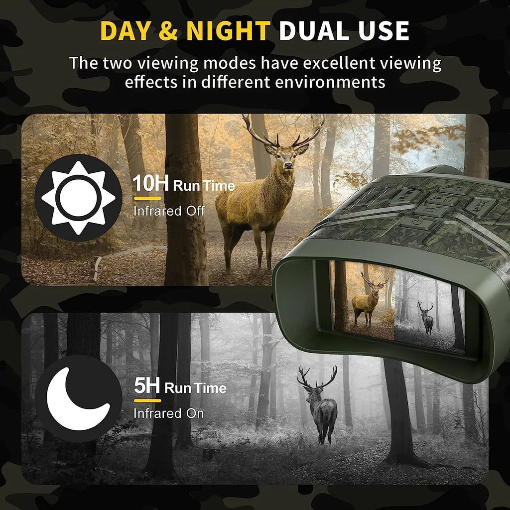 Black handheld 4K night vision monocular with LCD screen showing a clear night-time image.
