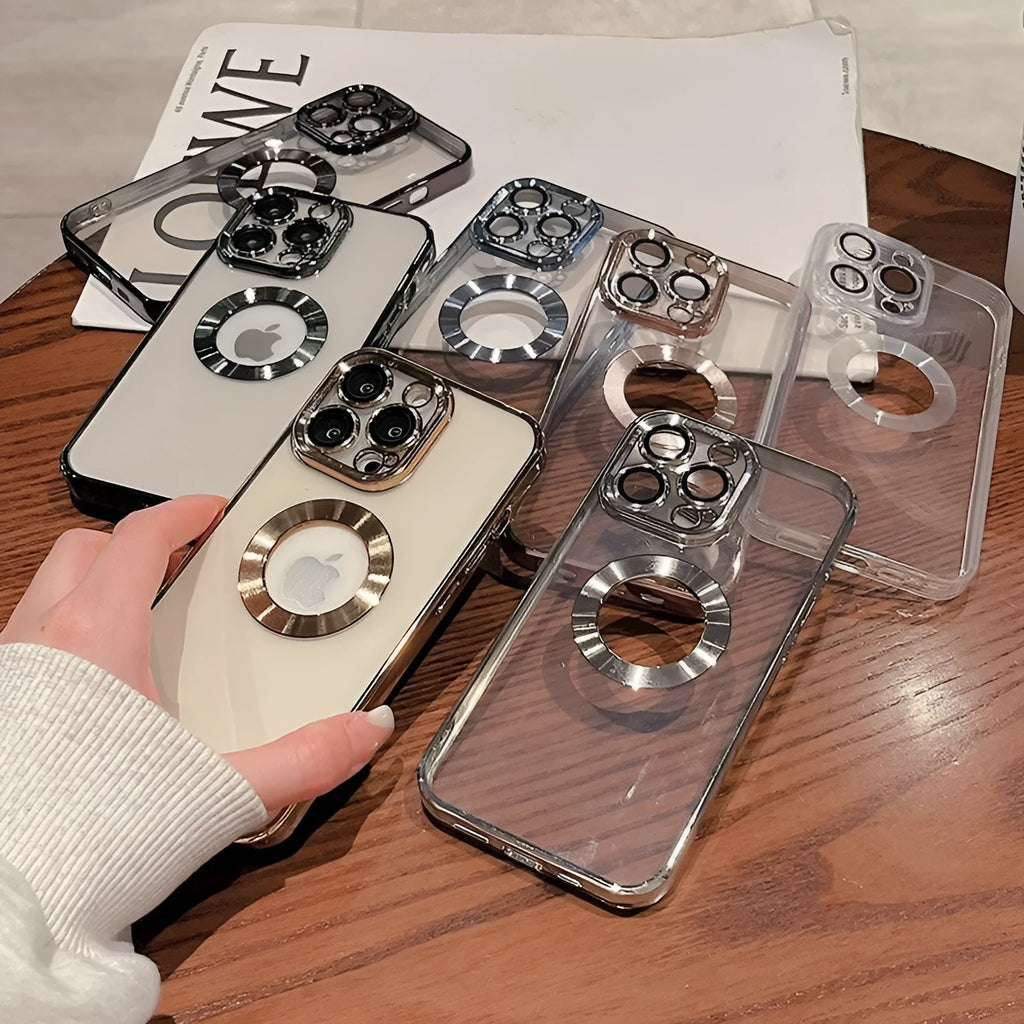 Electroplated silicone iPhone case with integrated camera lens protector shown in transparent finish