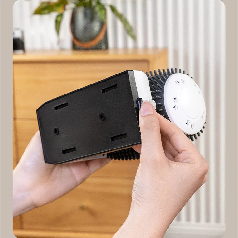 White automatic cat self groomer wall corner brush mounted in corner