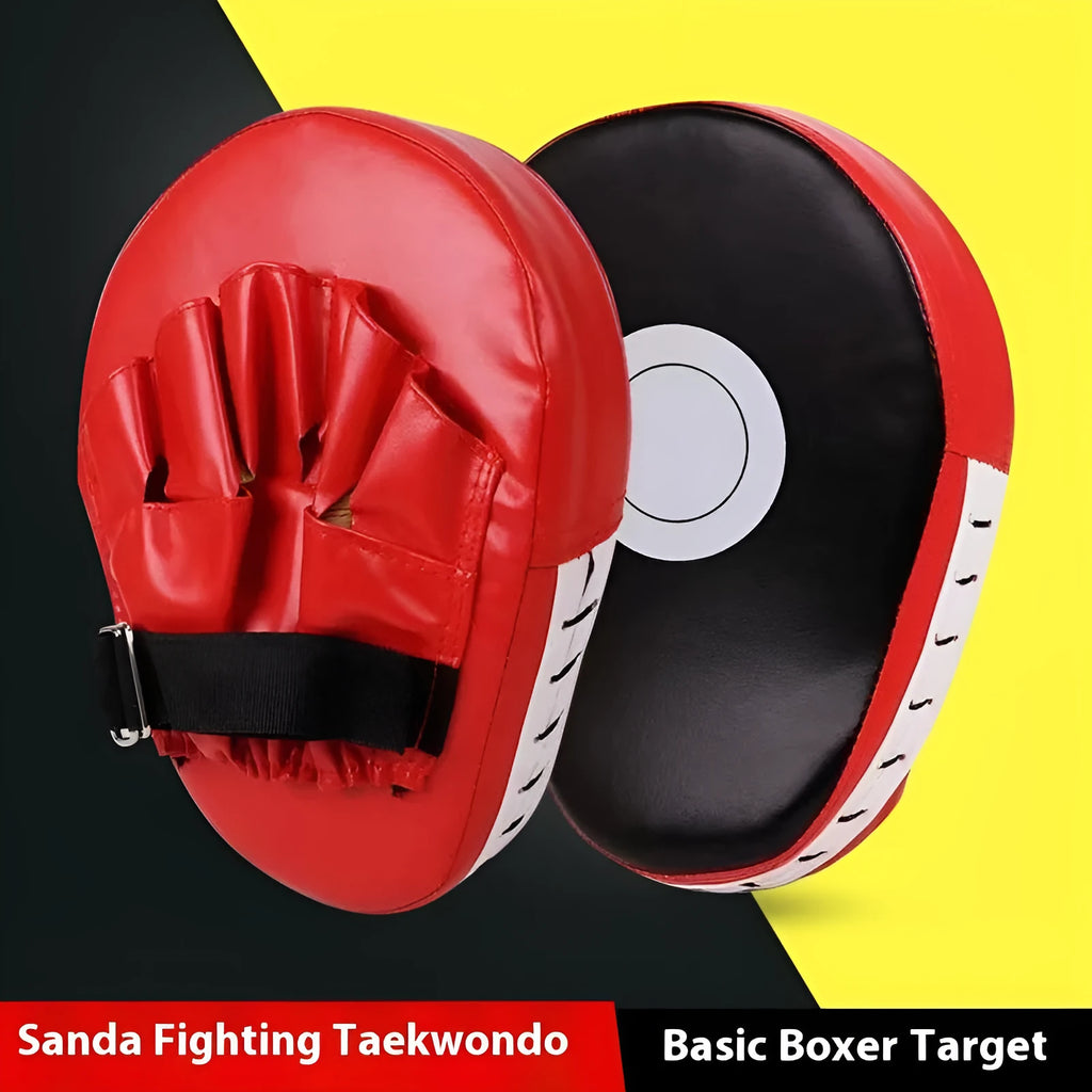 Boxing punch mitts and target pads for Sanda and Muay Thai training, available in curved or flat designs with multiple colour options.