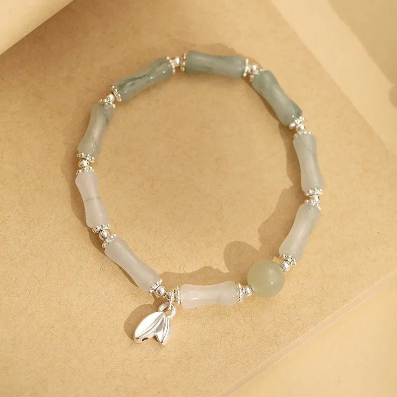 Antique sterling silver bracelet with natural Tianshan green bamboo segments for women