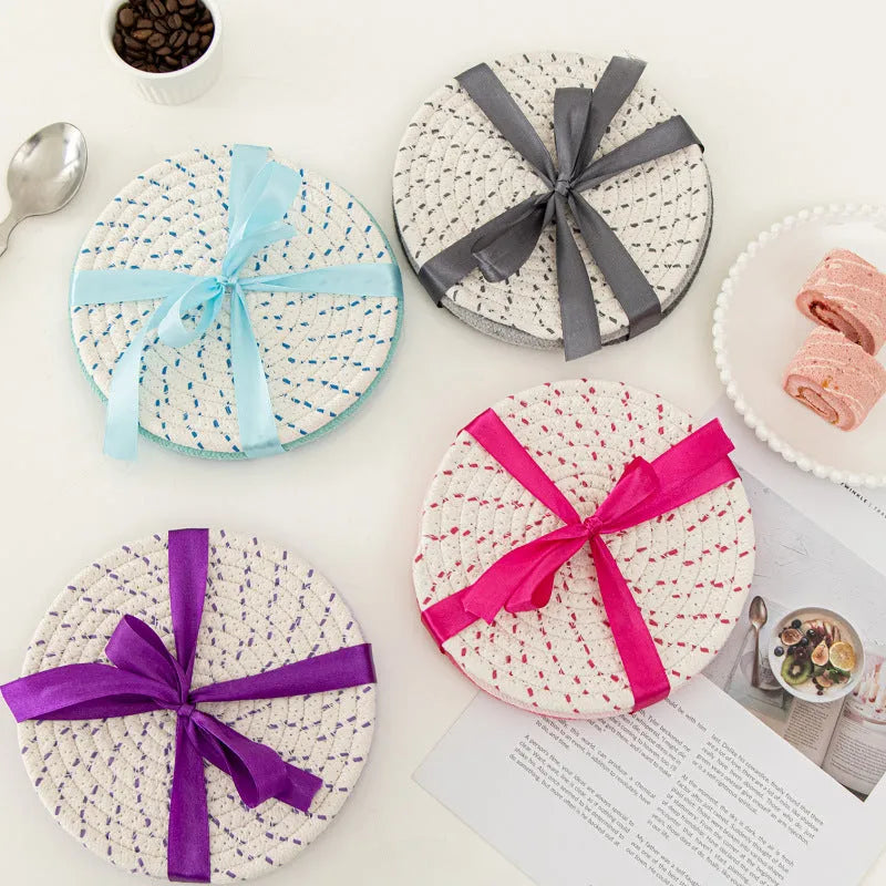 Cotton cord round coaster placemat three-piece set in blue colour with 18cm diameter