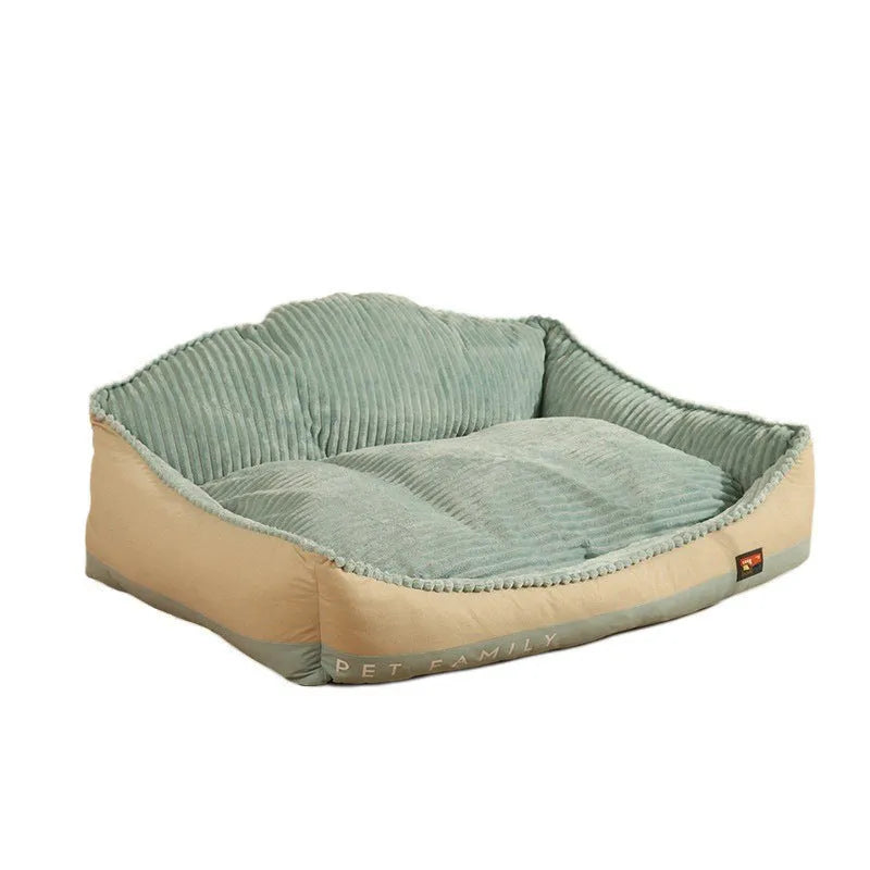 Morandi coloured removable washable pet bed mat with lazy sofa design for dogs and cats, shown in two size options.