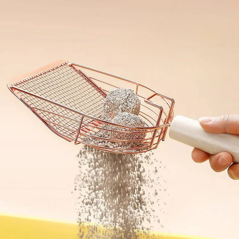 Stainless steel cat litter scoop with wooden handle showing screen design for waste filtration