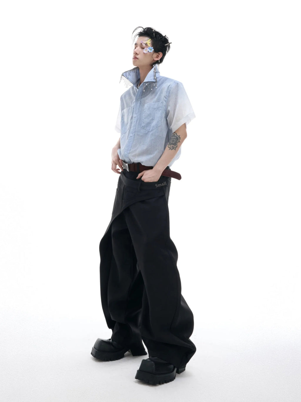 Man's blue and white gradient short-sleeve casual shirt on a hanger