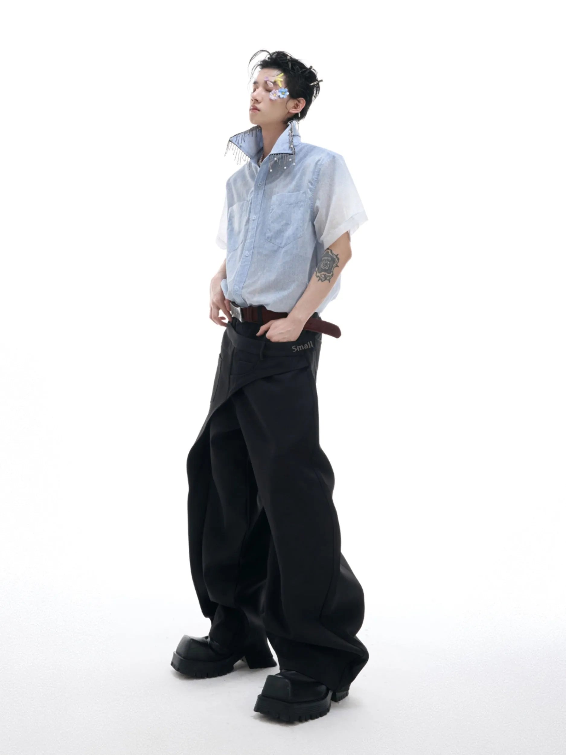 Man's blue and white gradient short-sleeve casual shirt on a hanger