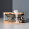 Transparent white PVC cat tunnel with corrugated cardboard scratching panels, 58 cm long.