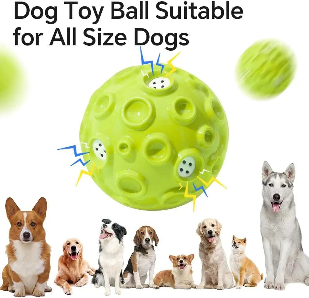 Colourful dog toy ball with textured meteorite bumps for teeth cleaning and squeaky sound