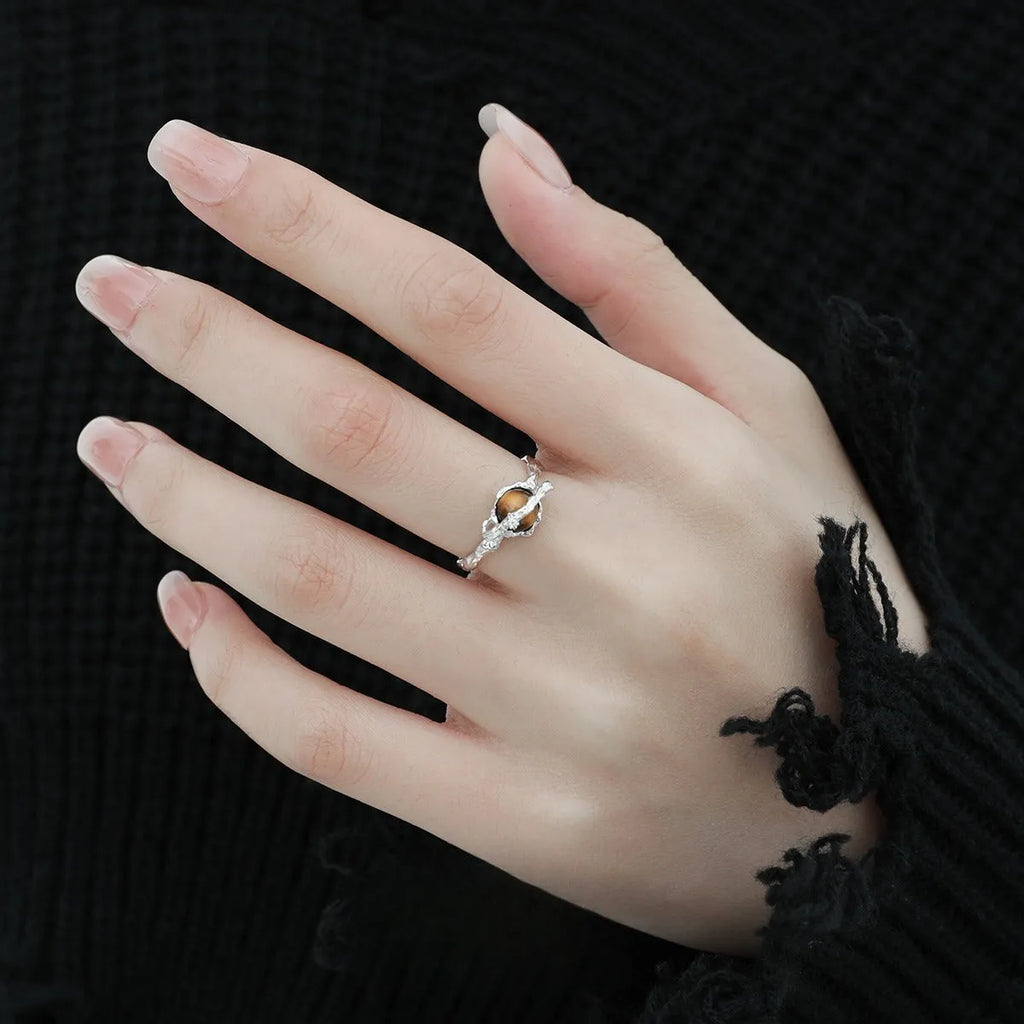 Women's adjustable Saturn Tigereye open ring in silver electroplated white gold colour.