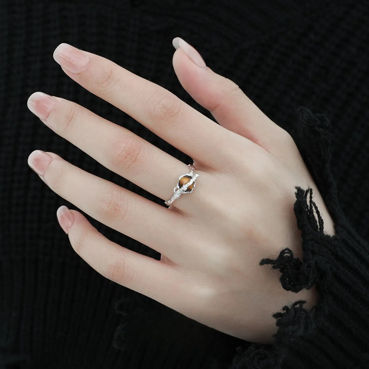 Women's adjustable Saturn Tigereye open ring in silver electroplated white gold colour.