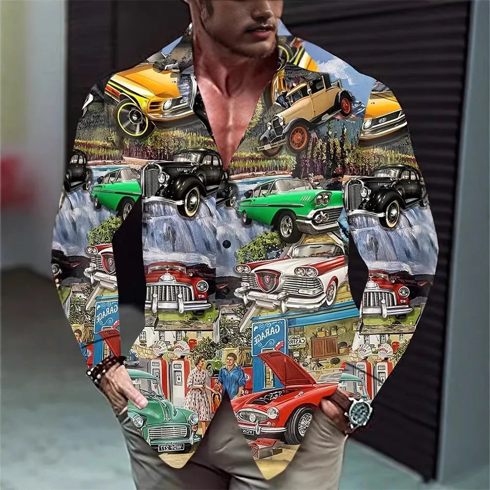 Man wearing a loose fit long sleeve Hawaiian floral print cardigan shirt.