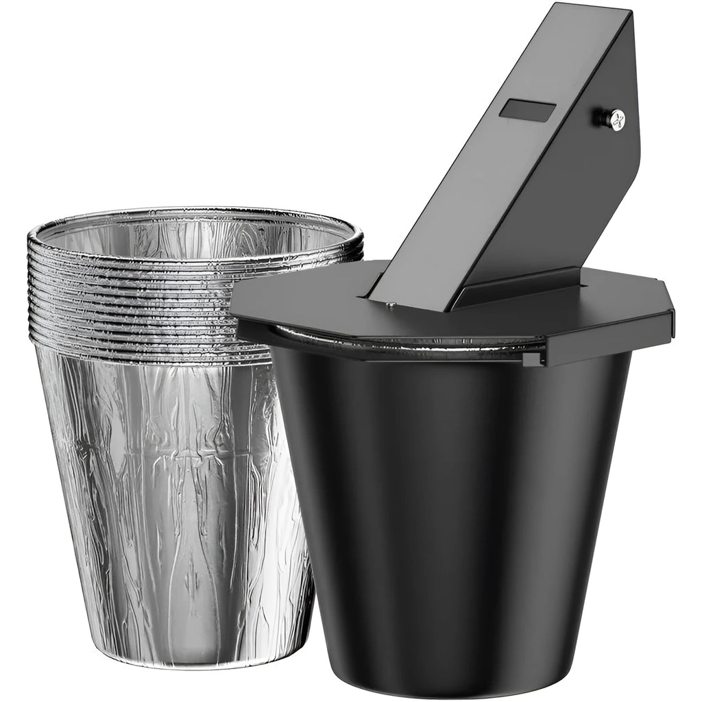 Black aluminium grease catcher with lid and disposable foil drip buckets for barbecue grill