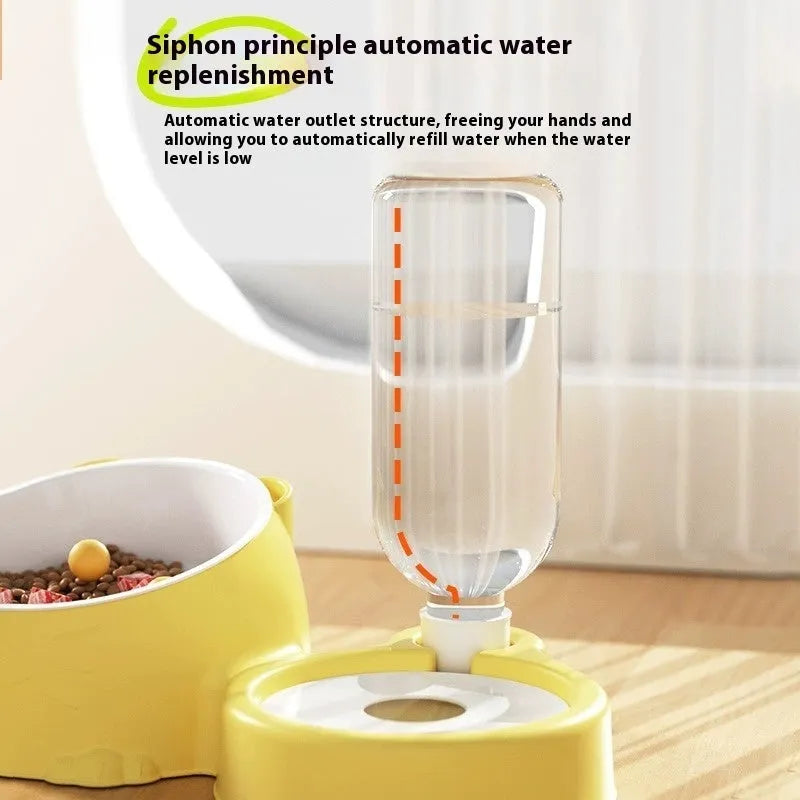 Grass green automatic cat fountain with two bowls for food and water.
