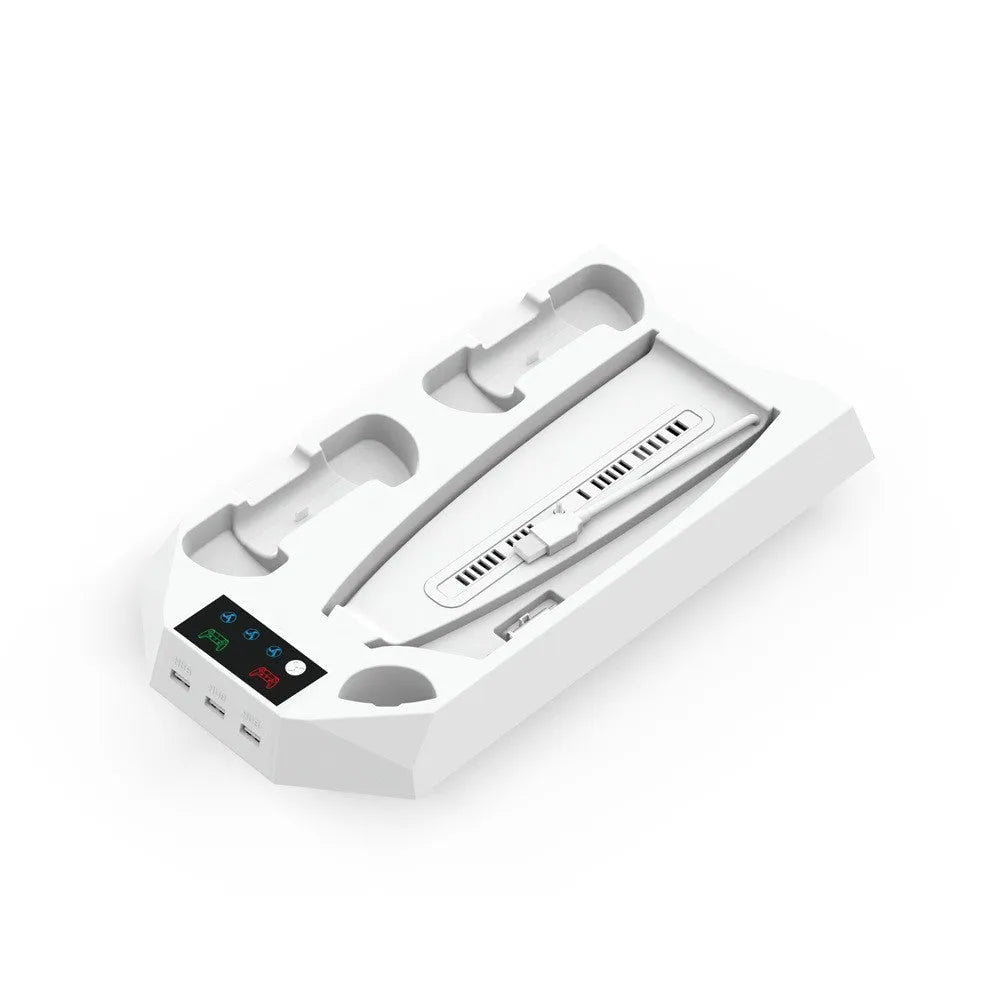 White PS5 charging base and radiator stand dock with headphone hook next to a PlayStation 5 console.