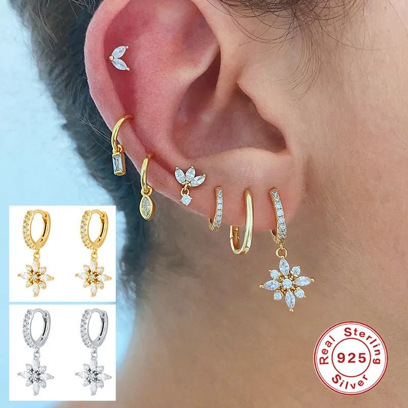 S925 sterling silver diamond-cut snowflake pendant earrings in geometric design with gold colour plating options