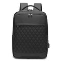Men's Oxford cloth travel backpack in black with curved shoulder straps and diamond mesh panels