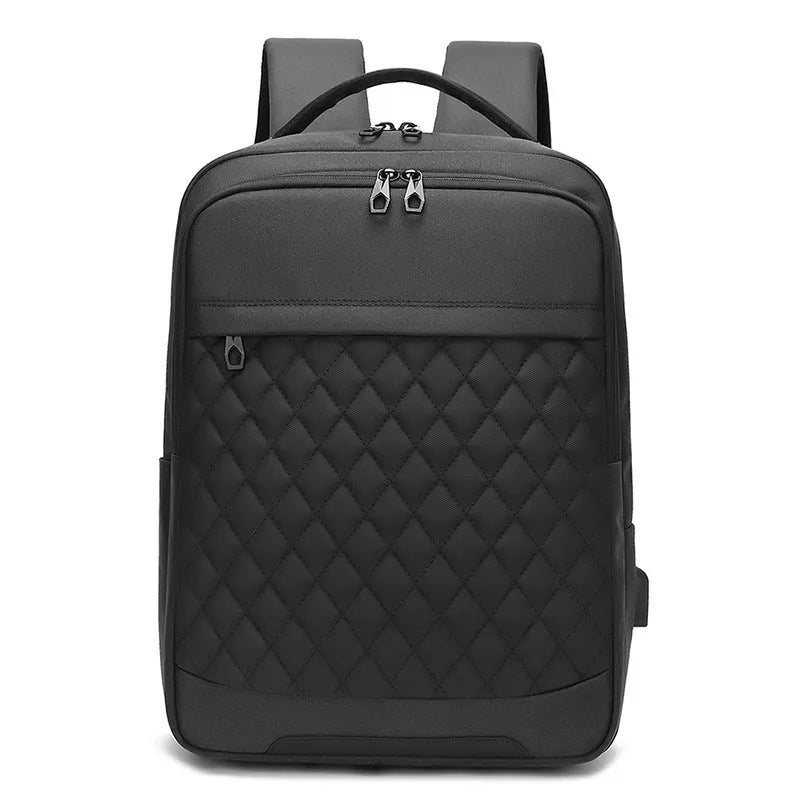 Men's Oxford cloth travel backpack in black with curved shoulder straps and diamond mesh panels