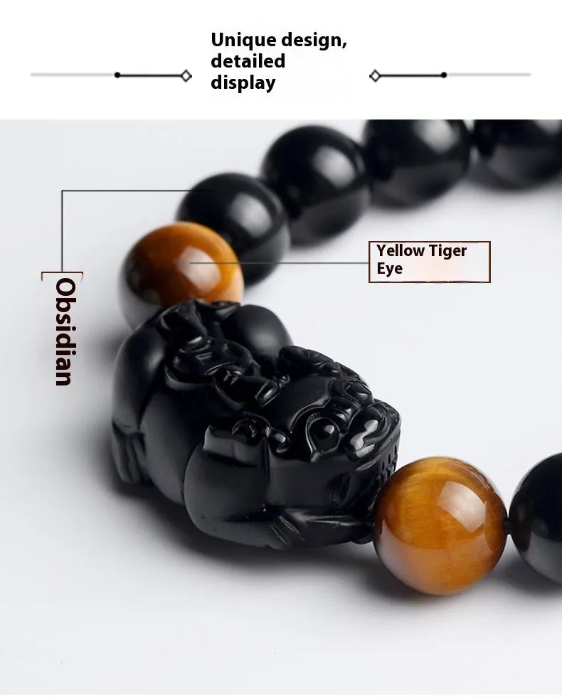 Mexico gold sheen obsidian crystal Pi Xiu bracelet with black adjustable cord, showing bead detail