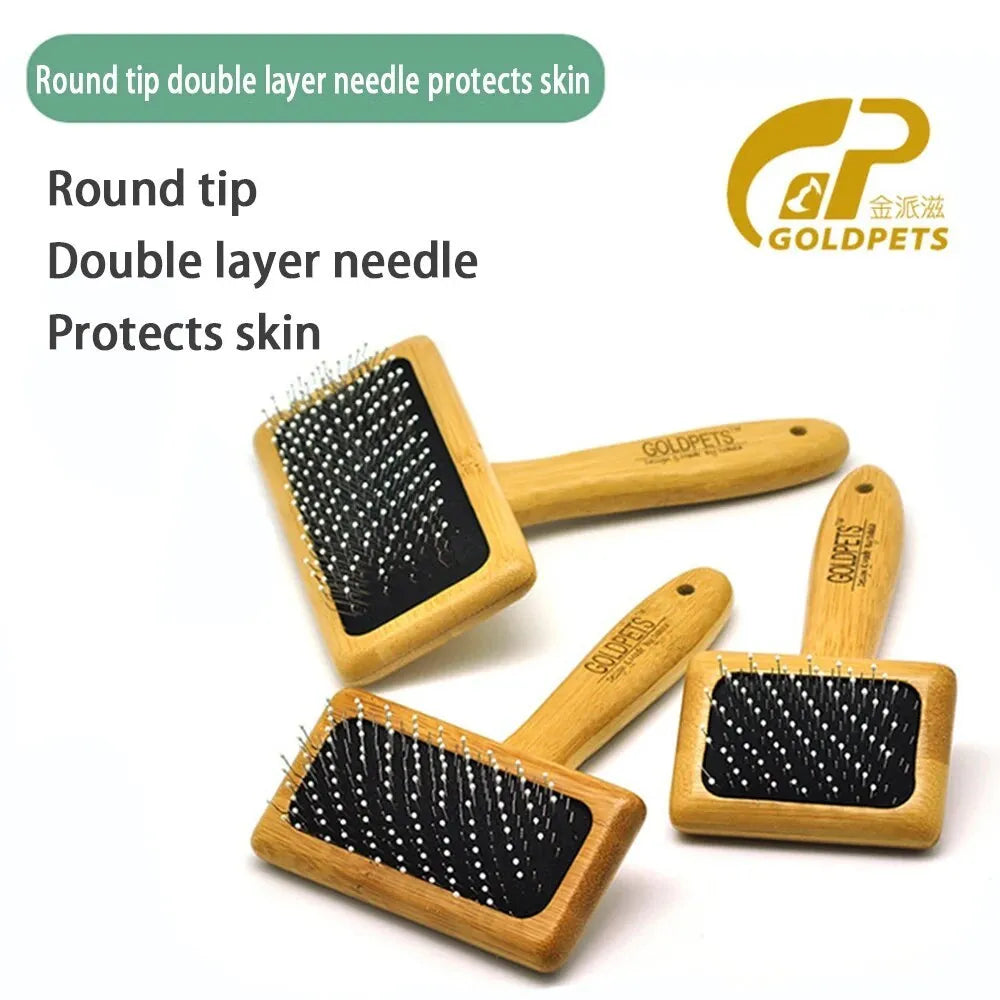 Goldpets bamboo wood slicker brush for pets with stainless steel pins on a wooden handle.