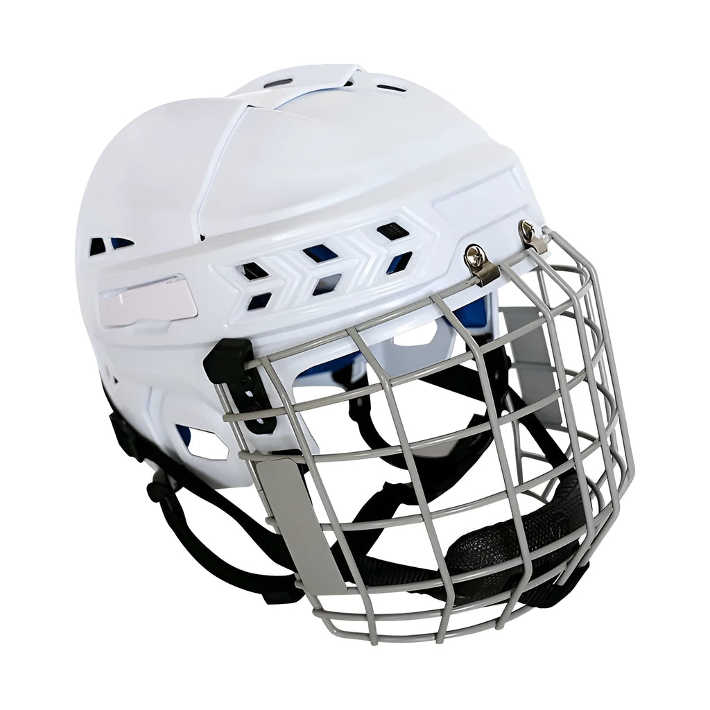 Ice hockey helmet with carbon steel face mask, shown in size L with a black PP shell and grey lining.