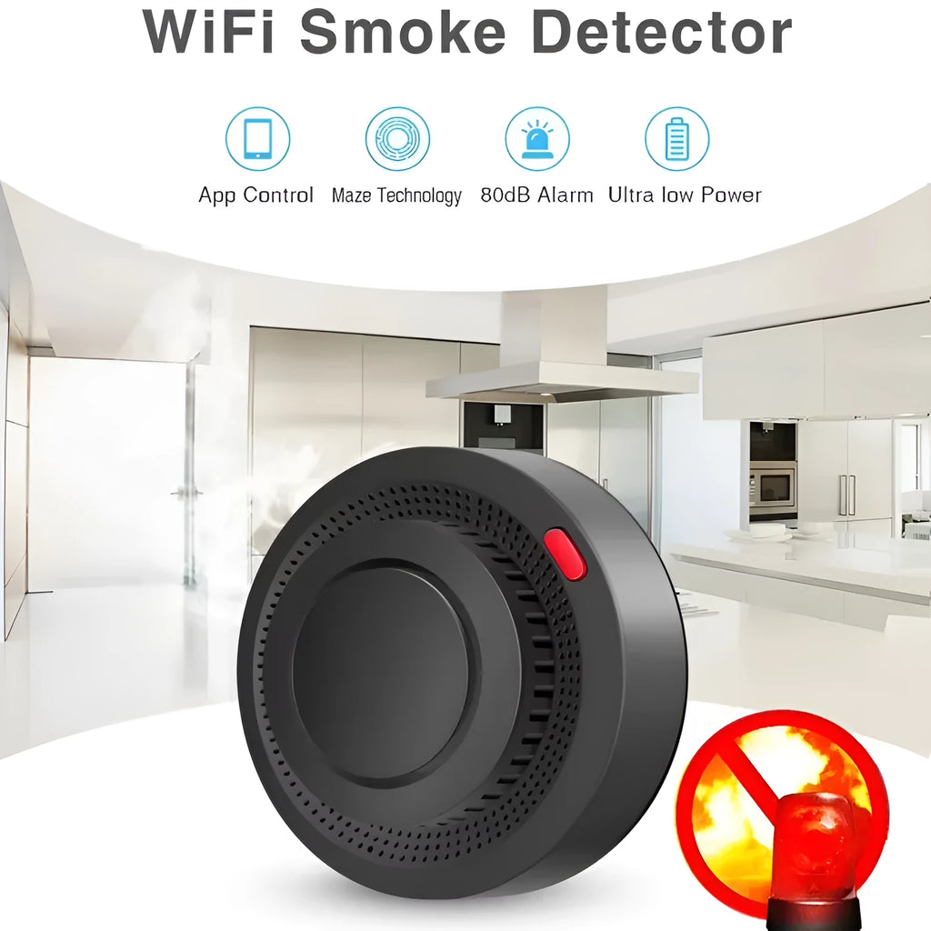 WiFi smart home smoke alarm detector black ceiling mounted with 20m detecting range 80db alarm 4 pack