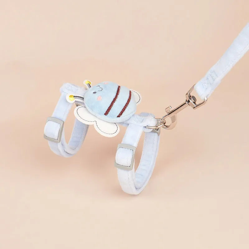 Bee shaped adjustable cat harness and rope lead set in blue, pink, or yellow.