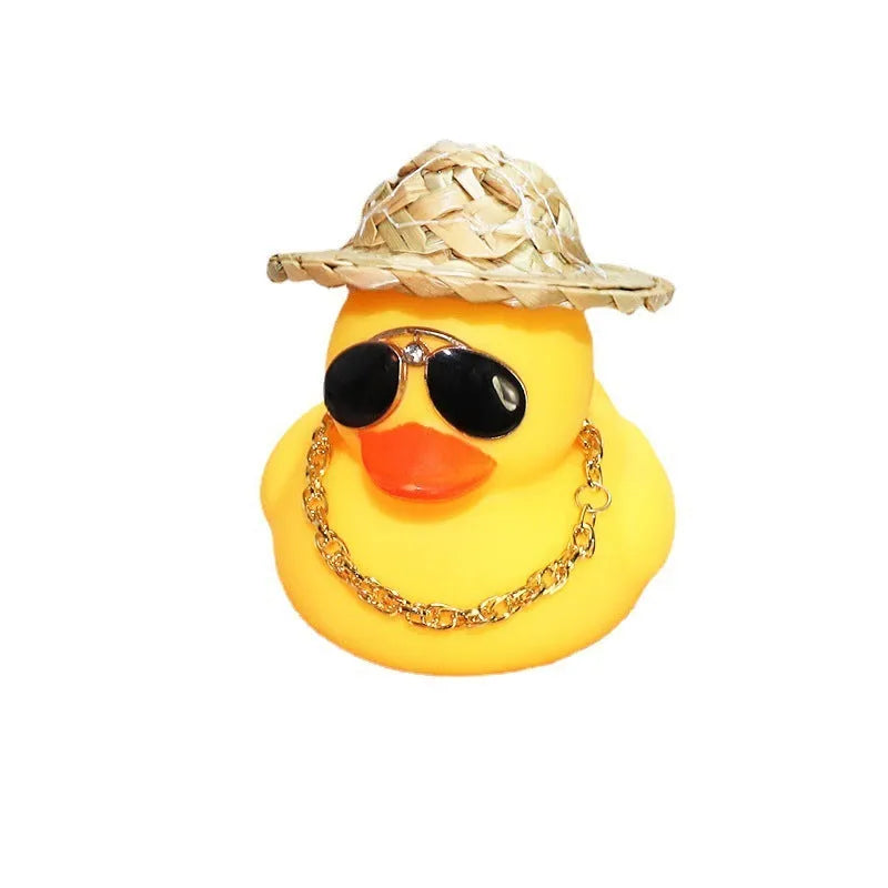 Yellow duck wearing straw hat car dashboard ornament with adhesive gel and sunglasses accessory