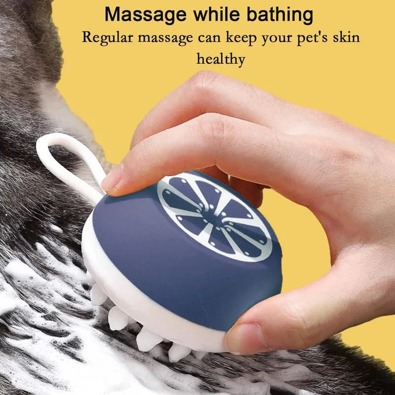 3-in-1 dog shampoo brush with silicone massage points in blue, grey, and yellow colour options