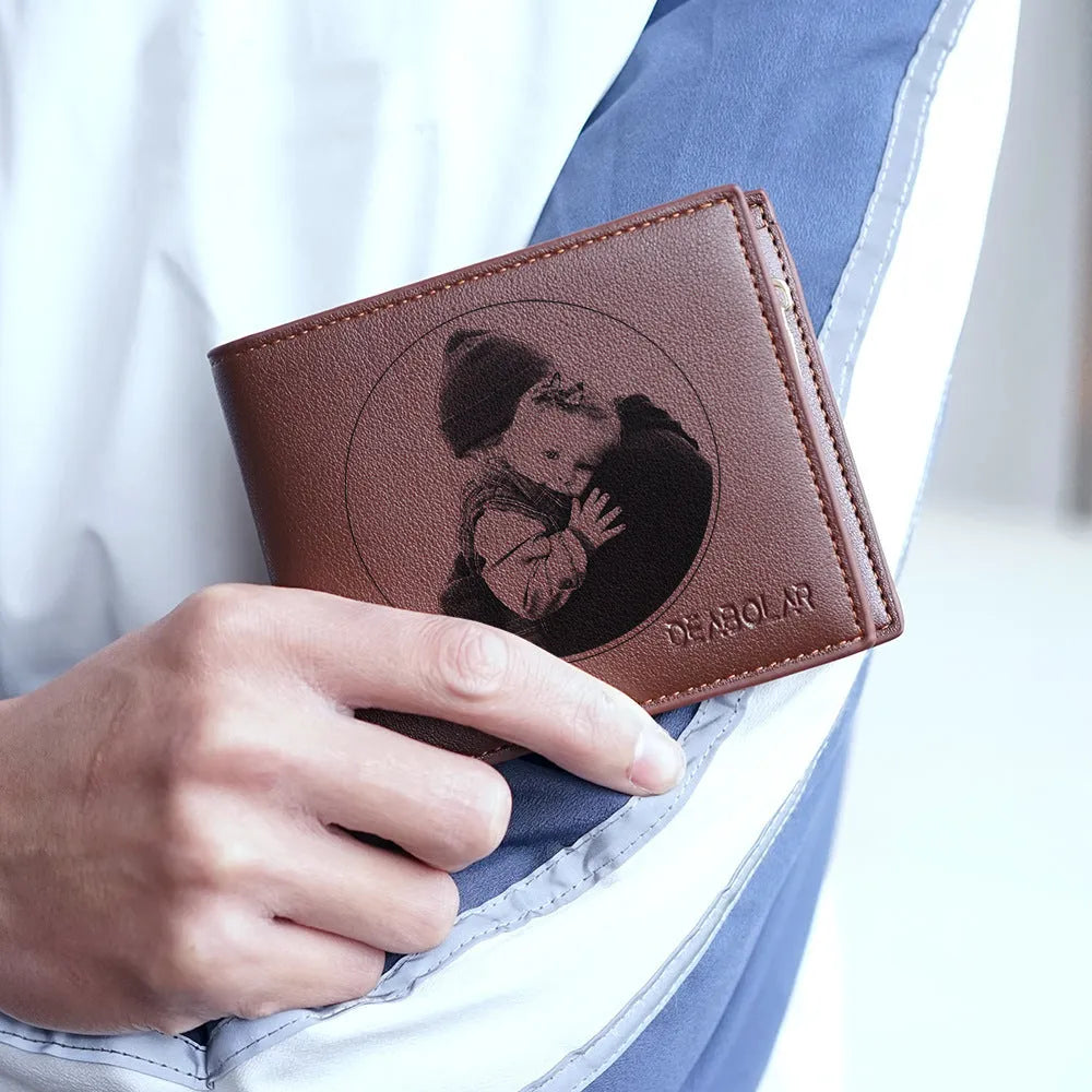 Leather men's wallet with zipper closure shown individually packaged as gift accessory