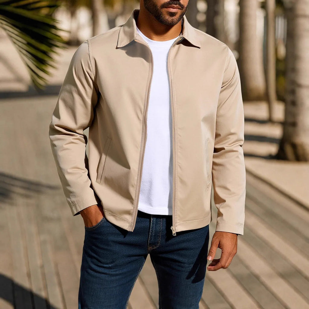 Men's green polyester blend cardigan jacket with front zipper and raglan long sleeves laid flat.