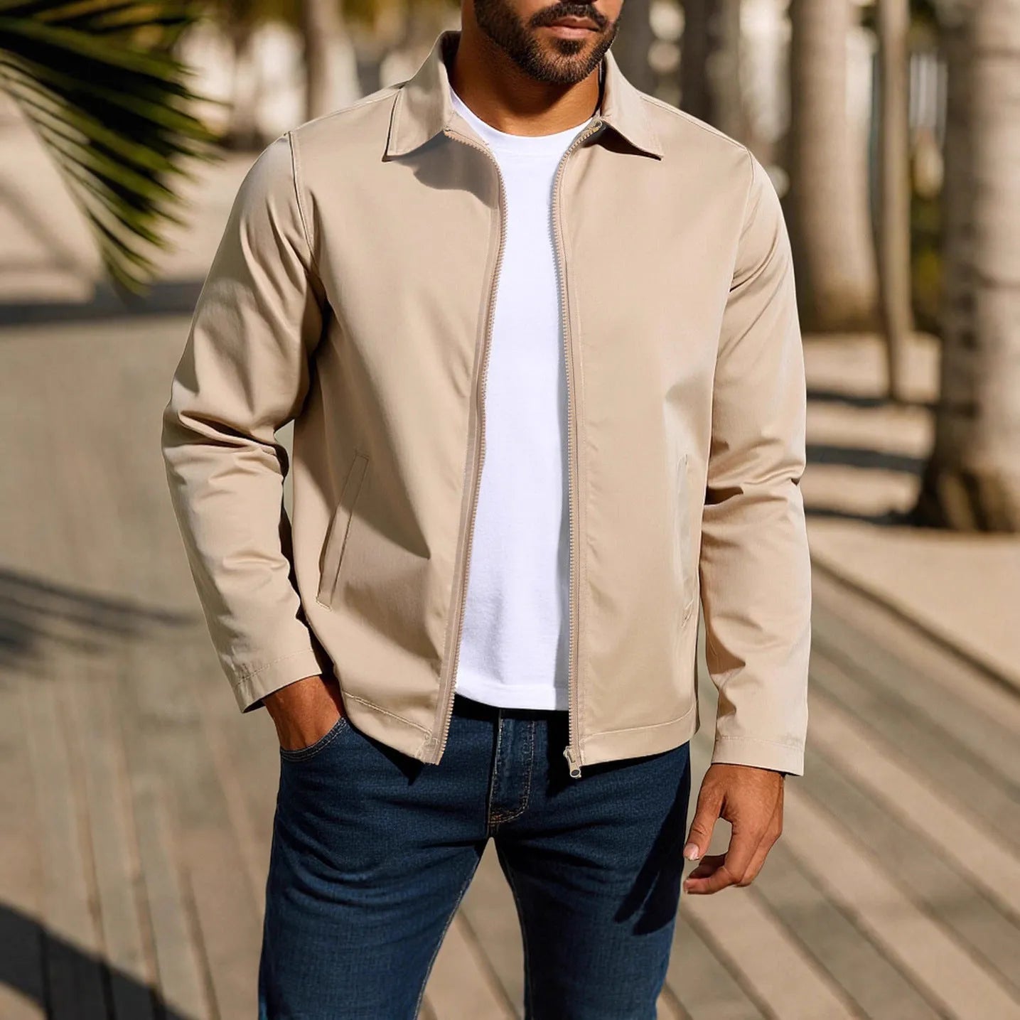 Men's green polyester blend cardigan jacket with front zipper and raglan long sleeves laid flat.
