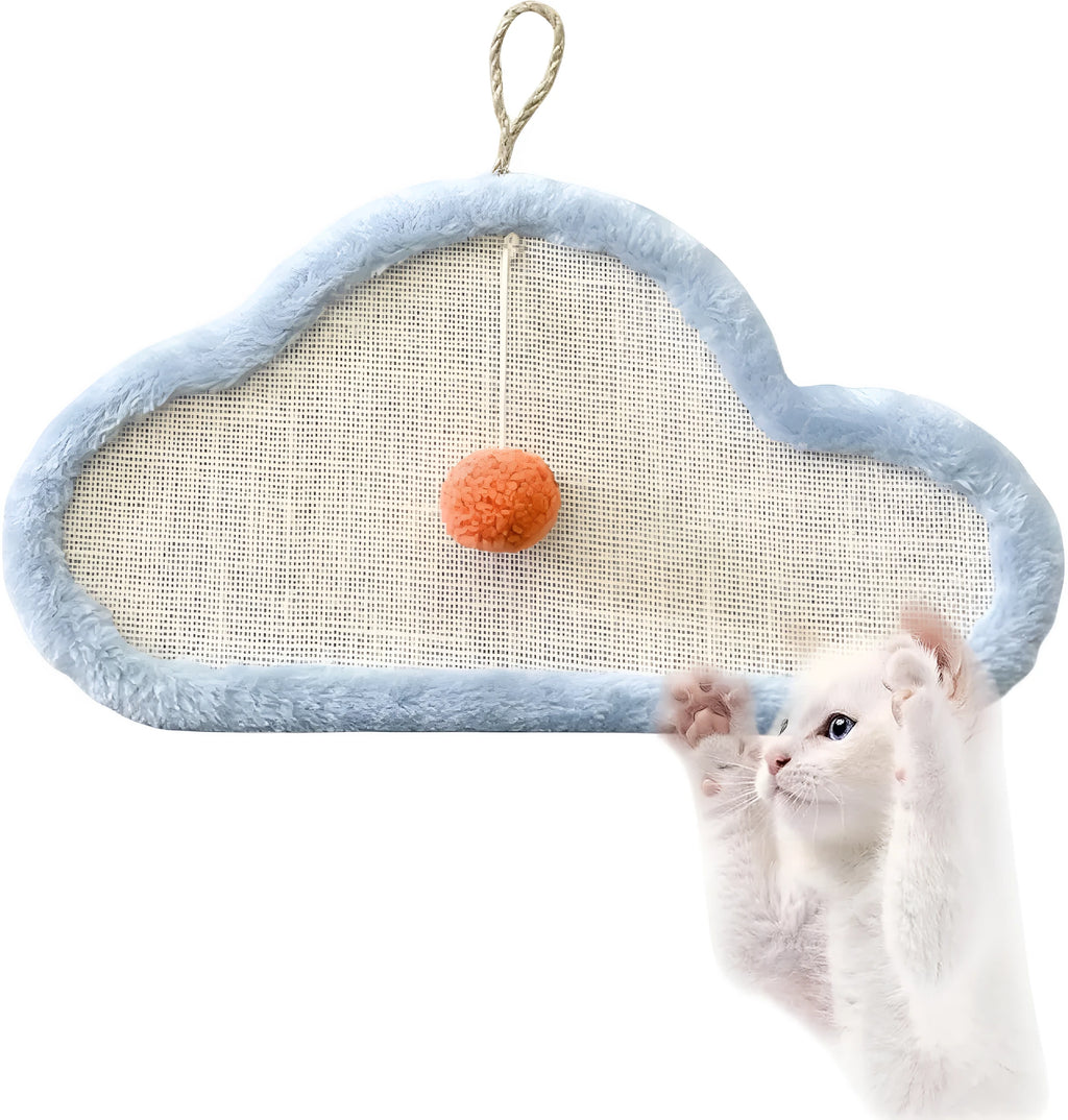 White wall mounted cat scratching mat with sleeping cat cartoon design on natural sisal.
