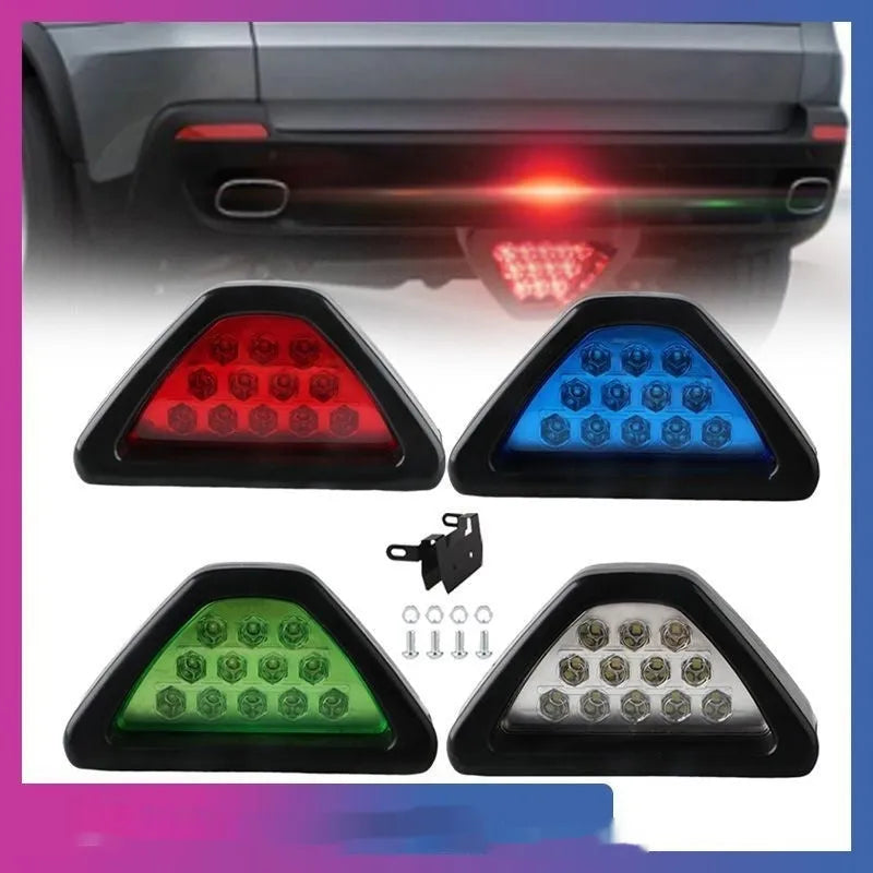 Universal LED triangle rear fog and brake warning light for cars and motorcycles in multiple colours.