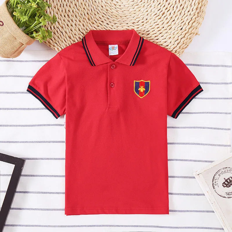 Boys' red short-sleeve polo shirt with lapel collar for children aged 3-8 years.