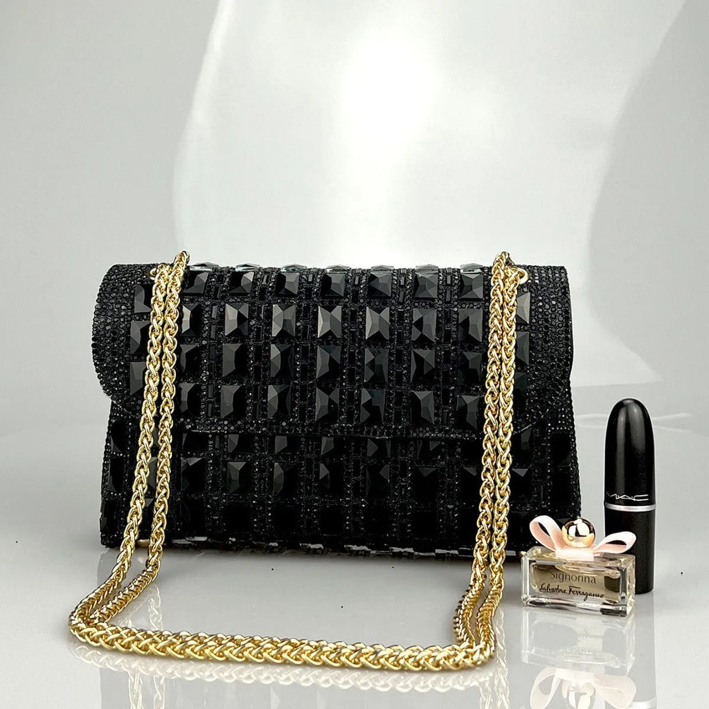 Silver rhinestone chain clutch bag with diamond decorations and phone pocket in horizontal square shape