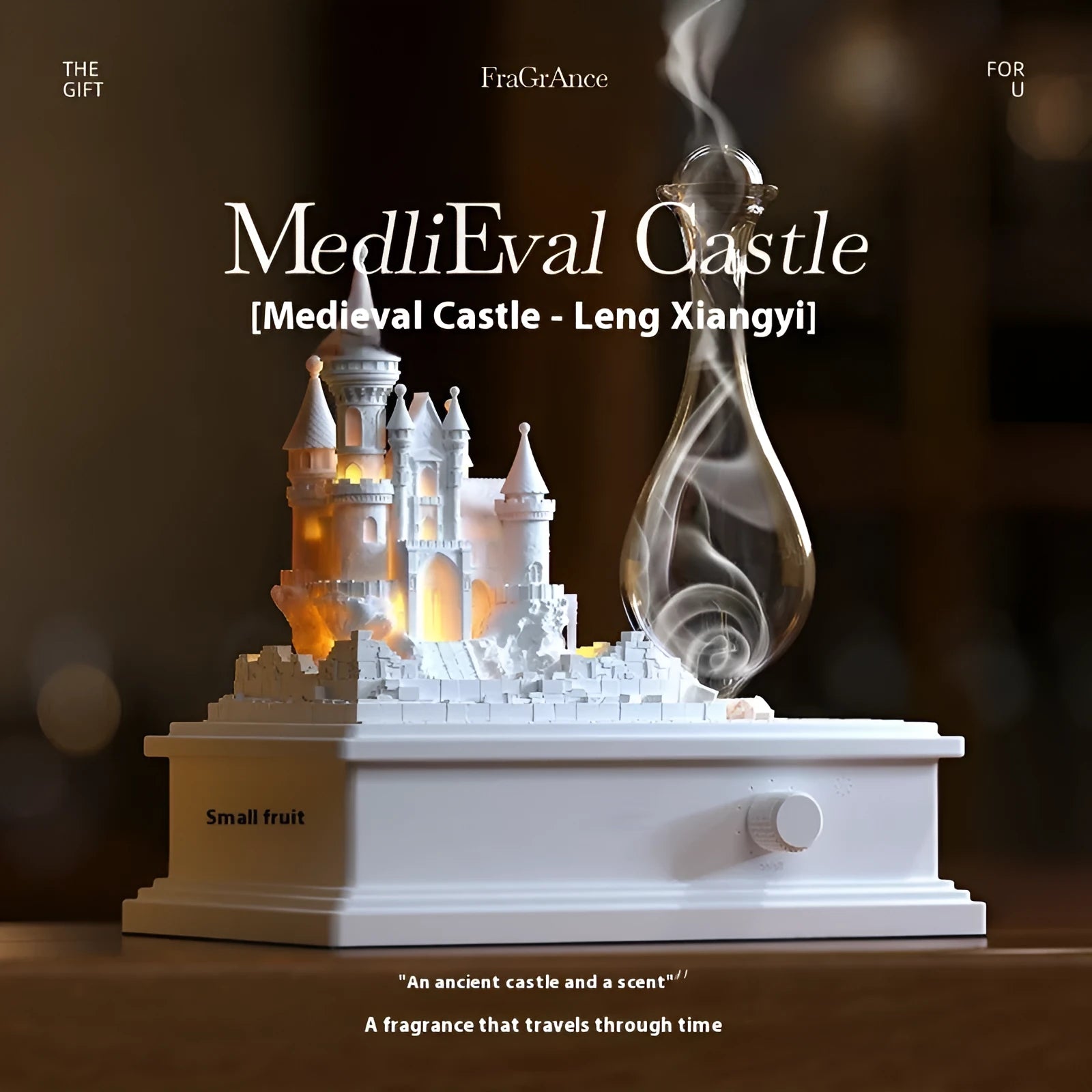 White medieval castle ornament aromatherapy machine with ambient light on a table.